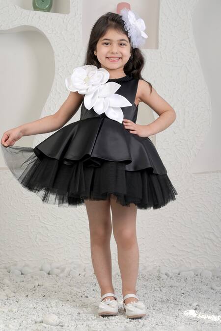 Shop_Miakki_Black Satin, Net 3d Floral Embellished Layered Dress _Online_at_Aza_Fashions