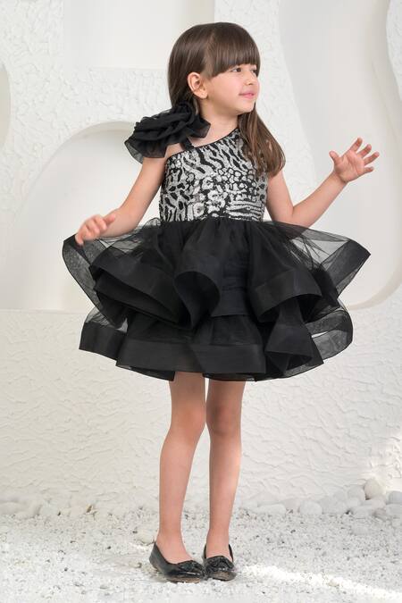 Miakki_Black Net, Satin, Linen Sequins One-shoulder Dress _Online_at_Aza_Fashions