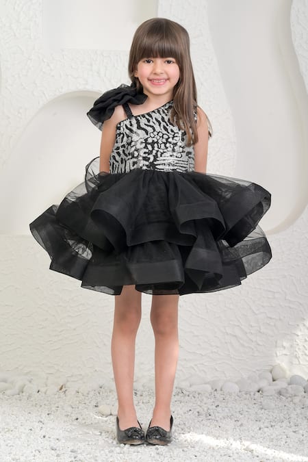 Shop_Miakki_Black Net, Satin, Linen Sequins One-shoulder Dress _Online_at_Aza_Fashions