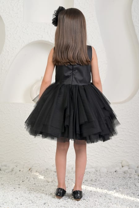 Miakki Black Sequin Embellished Frilled Dress 