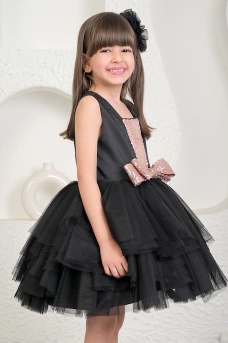 Miakki_Black Net, Satin, Linen Sequins, Bows Embellished Frilled Dress _Online_at_Aza_Fashions