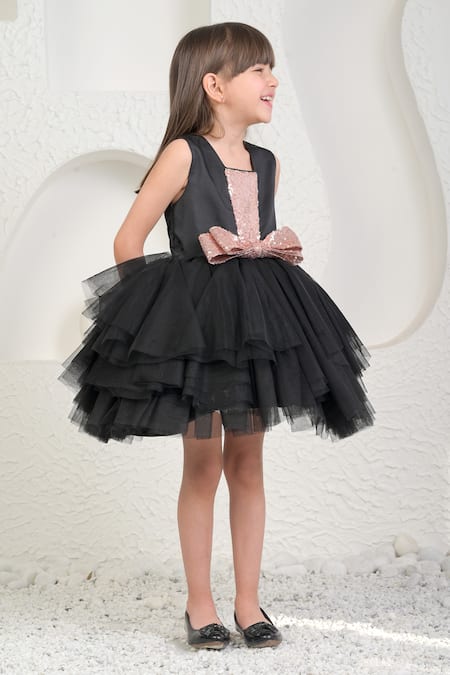 Buy_Miakki_Black Net, Satin, Linen Sequins, Bows Embellished Frilled Dress _Online_at_Aza_Fashions