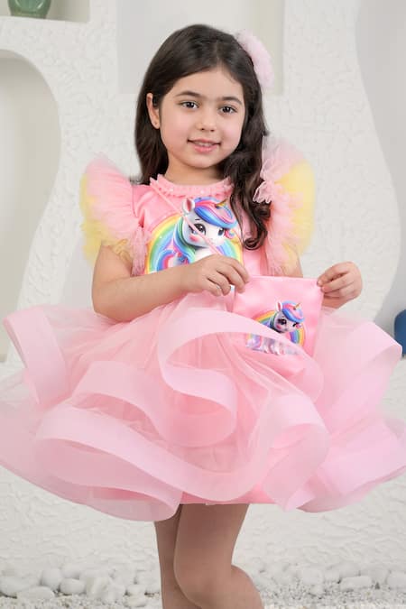 Miakki_Pink Net, Satin, Linen Pearls Unicorn Frilled Dress Set _Online_at_Aza_Fashions
