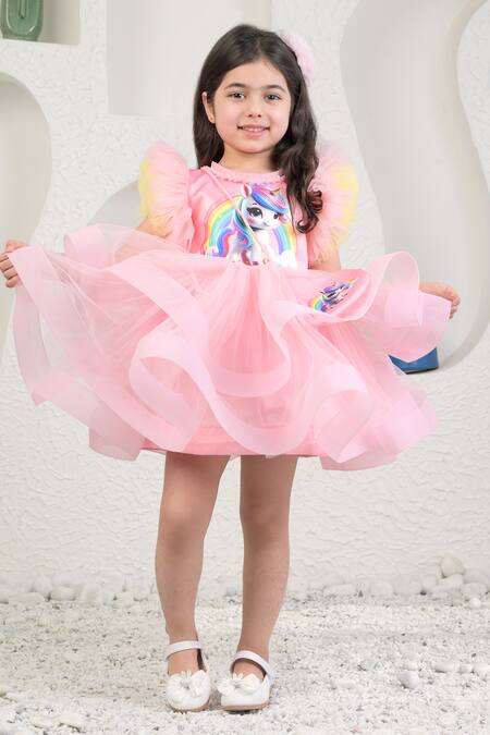 Buy_Miakki_Pink Net, Satin, Linen Pearls Unicorn Frilled Dress Set _Online_at_Aza_Fashions