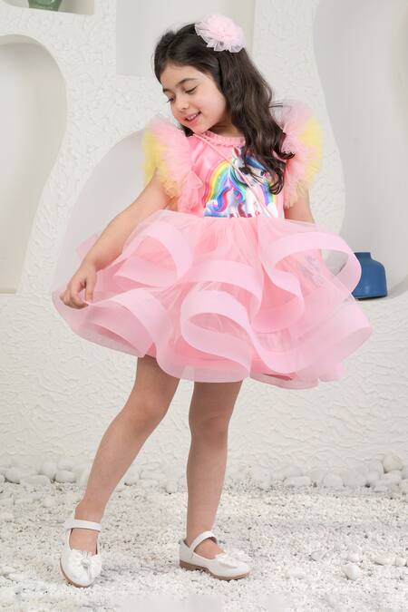 Shop_Miakki_Pink Net, Satin, Linen Pearls Unicorn Frilled Dress Set _Online_at_Aza_Fashions