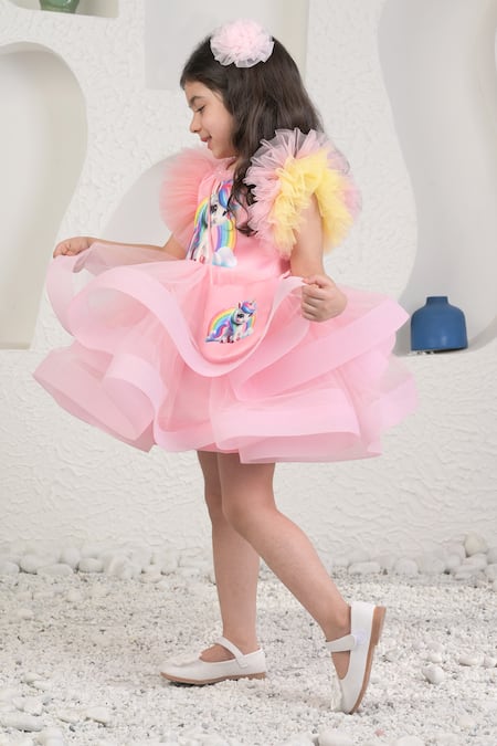 Miakki_Pink Net, Satin, Linen Pearls Unicorn Frilled Dress Set _at_Aza_Fashions