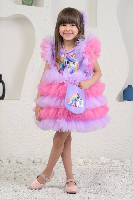 Shop Miakki Multi Color Net, Satin Pearls Multicolored Unicorn Frilled Dress And Sling Bag Online at Aza Fashions Shop_Miakki_Multi Color Net, Satin Pearls Multicolored Unicorn Frilled Dress And Sling Bag _Online_at_Aza_Fashions