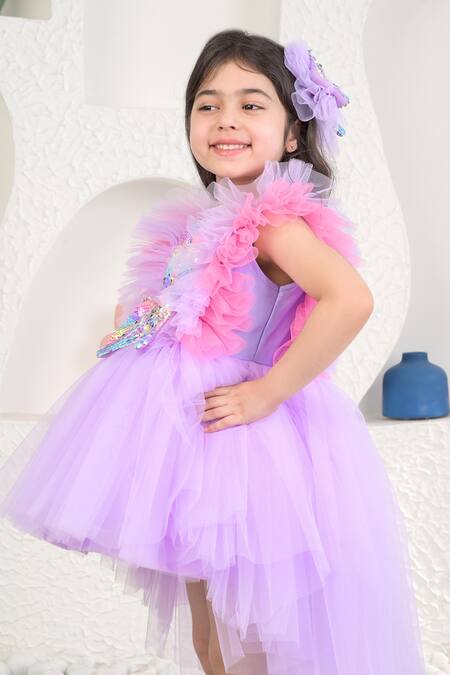 Miakki_Purple Net, Satin, Linen Sequins, Pearls High Low Frilled Dress _at_Aza_Fashions