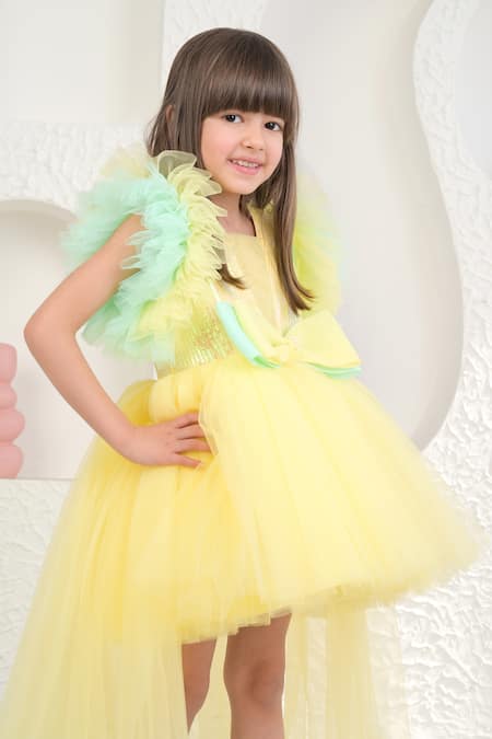 Miakki_Yellow Net, Satin Sequins High Low Embellished Frilled Dress _Online_at_Aza_Fashions