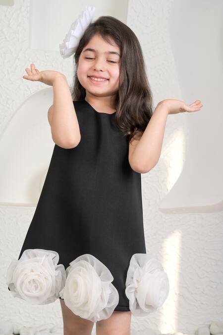 Miakki_Black Net, Satin, Linen 3d Flower Embellished Dress _Online_at_Aza_Fashions