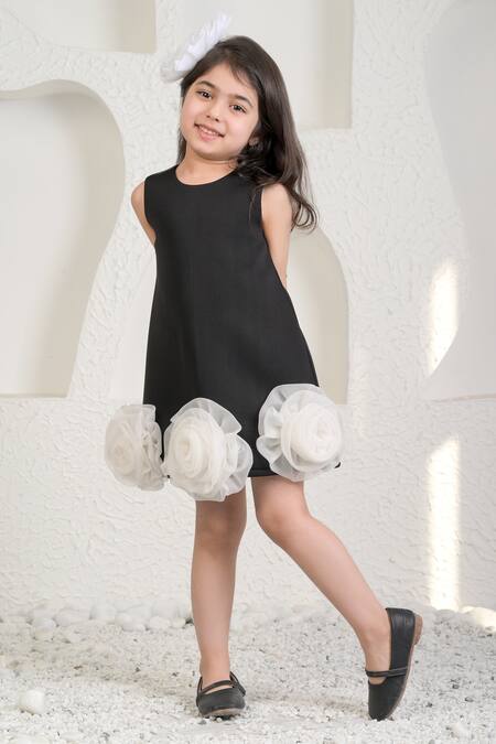 Buy_Miakki_Black Net, Satin, Linen 3d Flower Embellished Dress _Online_at_Aza_Fashions