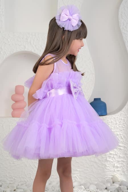 Miakki_Purple Net, Satin Bows Frilled Dress _Online_at_Aza_Fashions