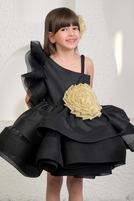 Miakki_Black Net, Satin, Linen Fabric Flowers Ruffled One-shoulder Dress _Online_at_Aza_Fashions