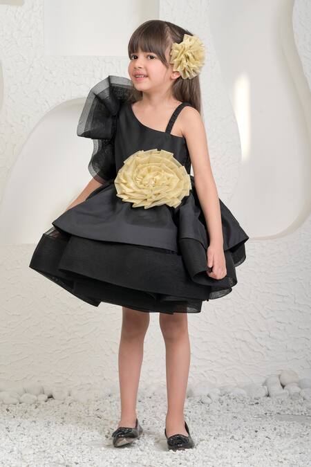 Buy_Miakki_Black Net, Satin, Linen Fabric Flowers Ruffled One-shoulder Dress _Online_at_Aza_Fashions
