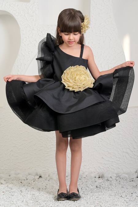 Shop_Miakki_Black Net, Satin, Linen Fabric Flowers Ruffled One-shoulder Dress _Online_at_Aza_Fashions