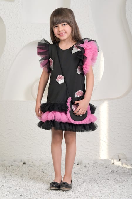 Miakki_Black Net, Satin, Linen Frilled Applique Embroidered Dress _Online_at_Aza_Fashions