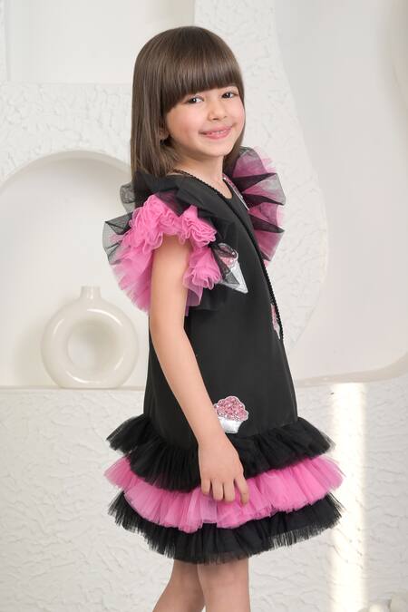 Buy_Miakki_Black Net, Satin, Linen Frilled Applique Embroidered Dress _Online_at_Aza_Fashions