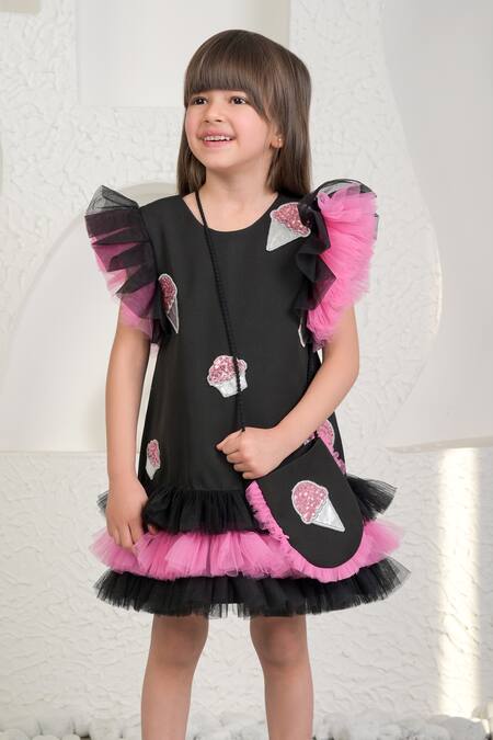 Shop_Miakki_Black Net, Satin, Linen Frilled Applique Embroidered Dress _Online_at_Aza_Fashions