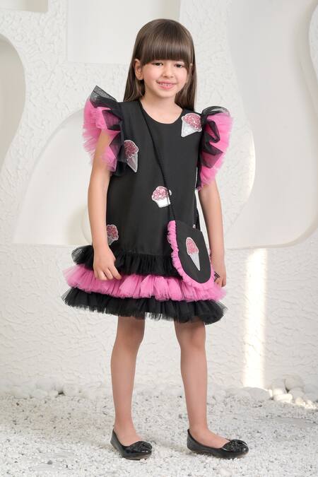 Miakki_Black Net, Satin, Linen Frilled Applique Embroidered Dress _at_Aza_Fashions