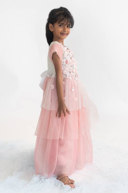 A Little Fable Peach Polyester Embroidery Floral Applique Colorblock Gown Online at Aza Fashions A Little Fable_Peach Polyester Embroidery Floral Applique Colorblock Gown_Online_at_Aza_Fashions