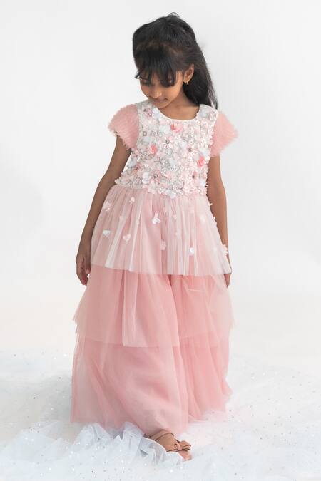 Buy A Little Fable Peach Polyester Embroidery Floral Applique Colorblock Gown Online at Aza Fashions Buy_A Little Fable_Peach Polyester Embroidery Floral Applique Colorblock Gown_Online_at_Aza_Fashions