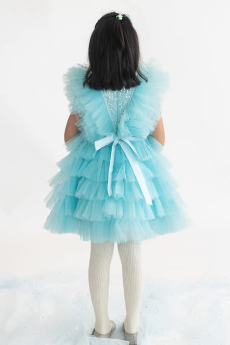 A Little Fable Blue Ruffle Sequin Embroidered Dress 
