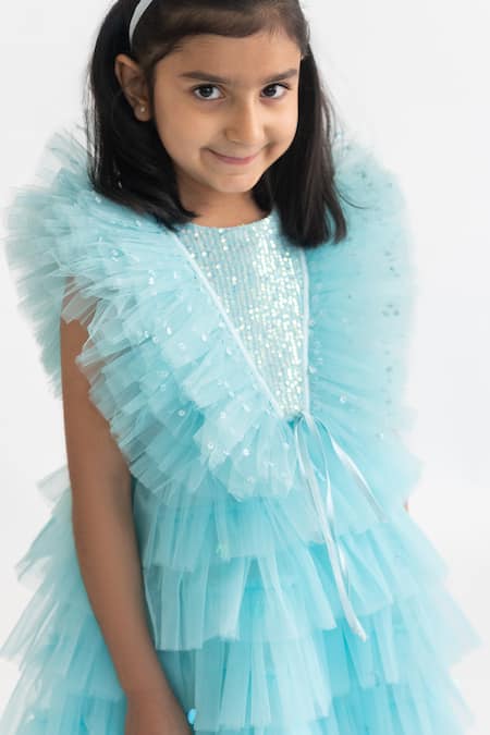 A Little Fable_Blue Polyester Sequins Ruffle Embroidered Dress _Online_at_Aza_Fashions