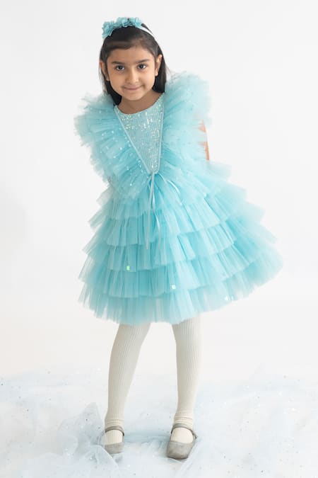 Buy_A Little Fable_Blue Polyester Sequins Ruffle Embroidered Dress _Online_at_Aza_Fashions