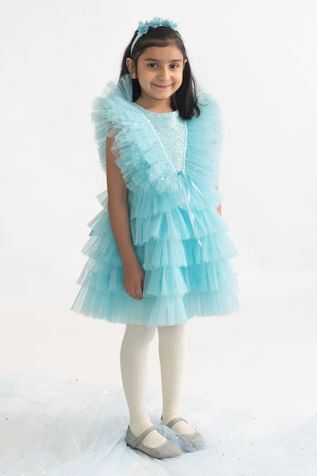 Shop_A Little Fable_Blue Polyester Sequins Ruffle Embroidered Dress _Online_at_Aza_Fashions
