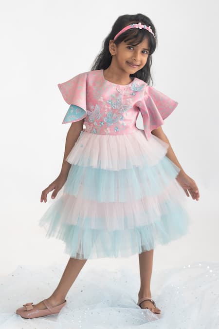 A Little Fable_Multi Color Polyester Embroidery Floral Butterfly Applique Dress _Online_at_Aza_Fashions