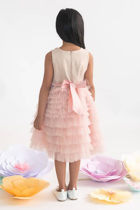 A Little Fable Peach Ruffle Dress with 3D Flower Embroidery 
