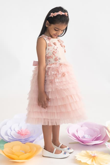 A Little Fable Peach Polyester Cut Work, Sequins Ruffle Dress With 3d Flower Embroidery Online at Aza Fashions A Little Fable_Peach Polyester Cut Work, Sequins Ruffle Dress With 3d Flower Embroidery _Online_at_Aza_Fashions