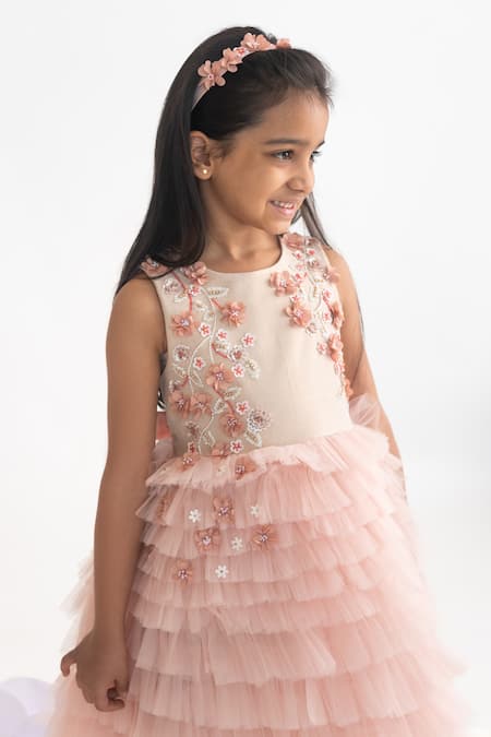 Buy A Little Fable Peach Polyester Cut Work, Sequins Ruffle Dress With 3d Flower Embroidery Online at Aza Fashions Buy_A Little Fable_Peach Polyester Cut Work, Sequins Ruffle Dress With 3d Flower Embroidery _Online_at_Aza_Fashions