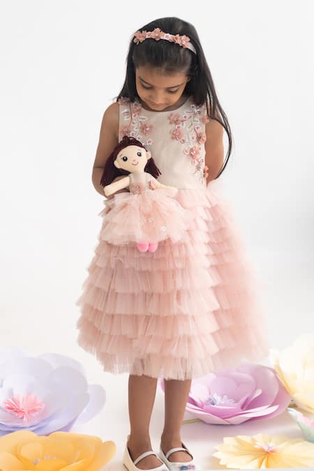 Shop A Little Fable Peach Polyester Cut Work, Sequins Ruffle Dress With 3d Flower Embroidery Online at Aza Fashions Shop_A Little Fable_Peach Polyester Cut Work, Sequins Ruffle Dress With 3d Flower Embroidery _Online_at_Aza_Fashions