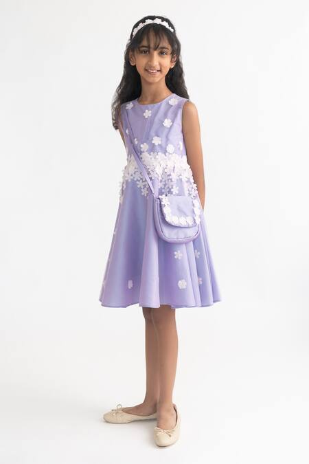 A Little Fable_Purple Polyester Applique Lavender 3d Floral Dress _Online_at_Aza_Fashions