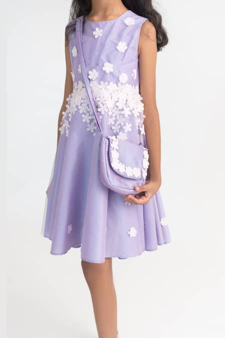 Shop_A Little Fable_Purple Polyester Applique Lavender 3d Floral Dress _Online_at_Aza_Fashions