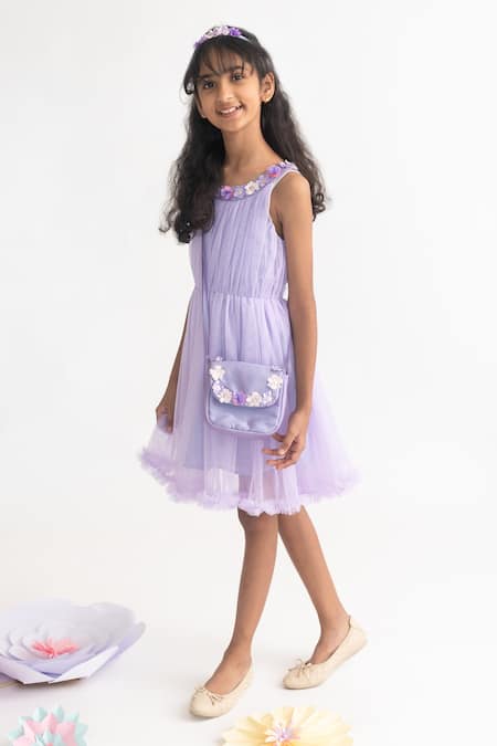 A Little Fable_Purple Polyester Lavender 3d Floral Applique Dress _Online_at_Aza_Fashions