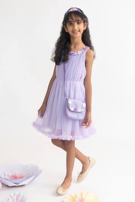 Buy_A Little Fable_Purple Polyester Lavender 3d Floral Applique Dress _Online_at_Aza_Fashions