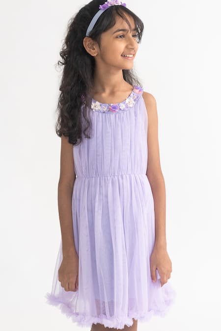 Shop_A Little Fable_Purple Polyester Lavender 3d Floral Applique Dress _Online_at_Aza_Fashions