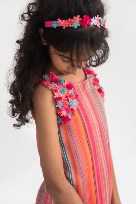 A Little Fable_Multi Color Modal Fabric Flowers Multicolor 3d Petal Pop Embroidered Dress _Online_at_Aza_Fashions