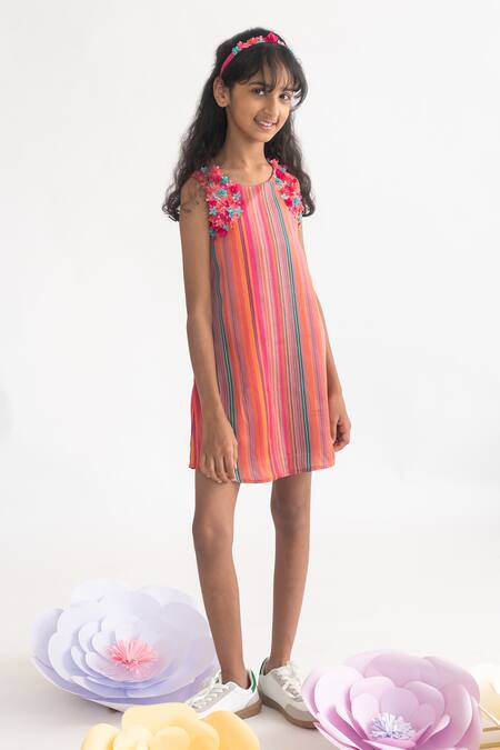 Buy_A Little Fable_Multi Color Modal Fabric Flowers Multicolor 3d Petal Pop Embroidered Dress _Online_at_Aza_Fashions