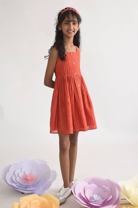 A Little Fable_Orange Polyester Stripe Print Dress _Online_at_Aza_Fashions