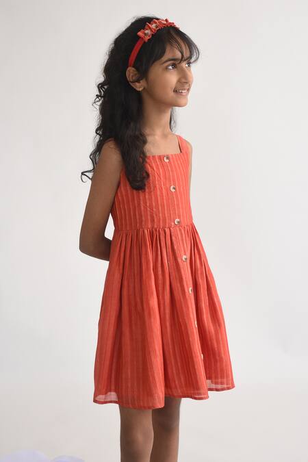 Buy_A Little Fable_Orange Polyester Stripe Print Dress _Online_at_Aza_Fashions