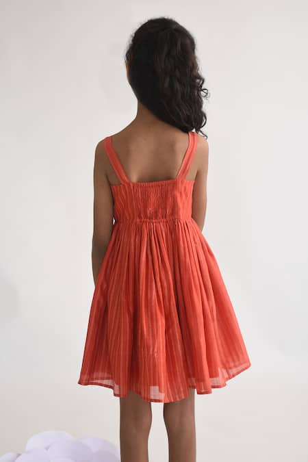 Shop_A Little Fable_Orange Polyester Stripe Print Dress _at_Aza_Fashions