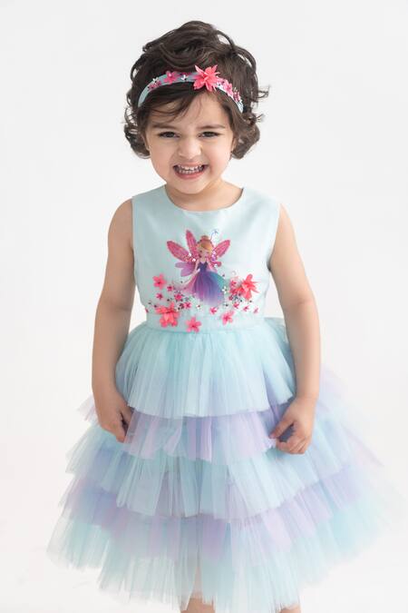 A Little Fable_Blue Polyester Embroidery, Sequins, Beads Fairy Print Applique Dress _Online_at_Aza_Fashions