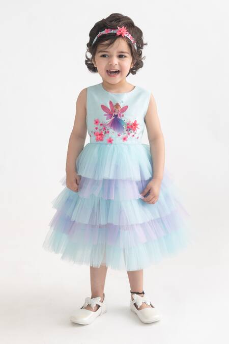 Buy_A Little Fable_Blue Polyester Embroidery, Sequins, Beads Fairy Print Applique Dress _Online_at_Aza_Fashions