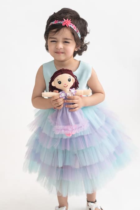 Shop_A Little Fable_Blue Polyester Embroidery, Sequins, Beads Fairy Print Applique Dress _Online_at_Aza_Fashions