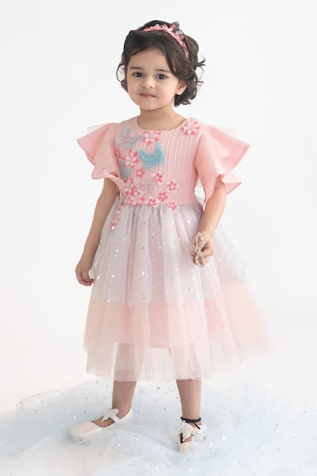 A Little Fable Peach Polyester Applique, Embroidery Butterfly Dress Online at Aza Fashions A Little Fable_Peach Polyester Applique, Embroidery Butterfly Dress _Online_at_Aza_Fashions