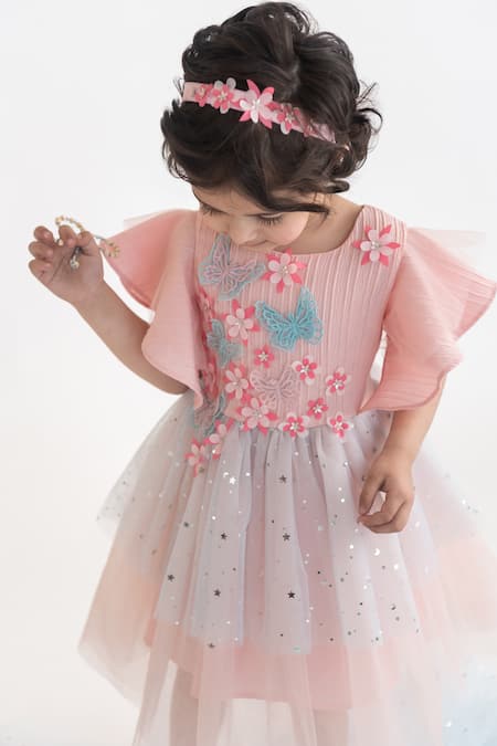 Buy A Little Fable Peach Polyester Applique, Embroidery Butterfly Dress Online at Aza Fashions Buy_A Little Fable_Peach Polyester Applique, Embroidery Butterfly Dress _Online_at_Aza_Fashions