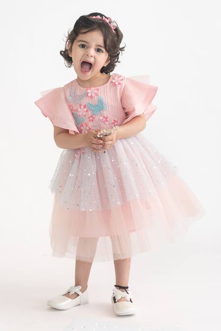 Shop A Little Fable Peach Polyester Applique, Embroidery Butterfly Dress Online at Aza Fashions Shop_A Little Fable_Peach Polyester Applique, Embroidery Butterfly Dress _Online_at_Aza_Fashions